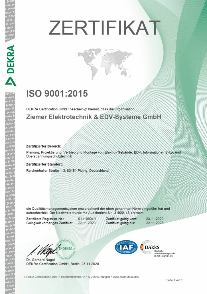 ZIEMER Zertifikat ISO 9001 2015